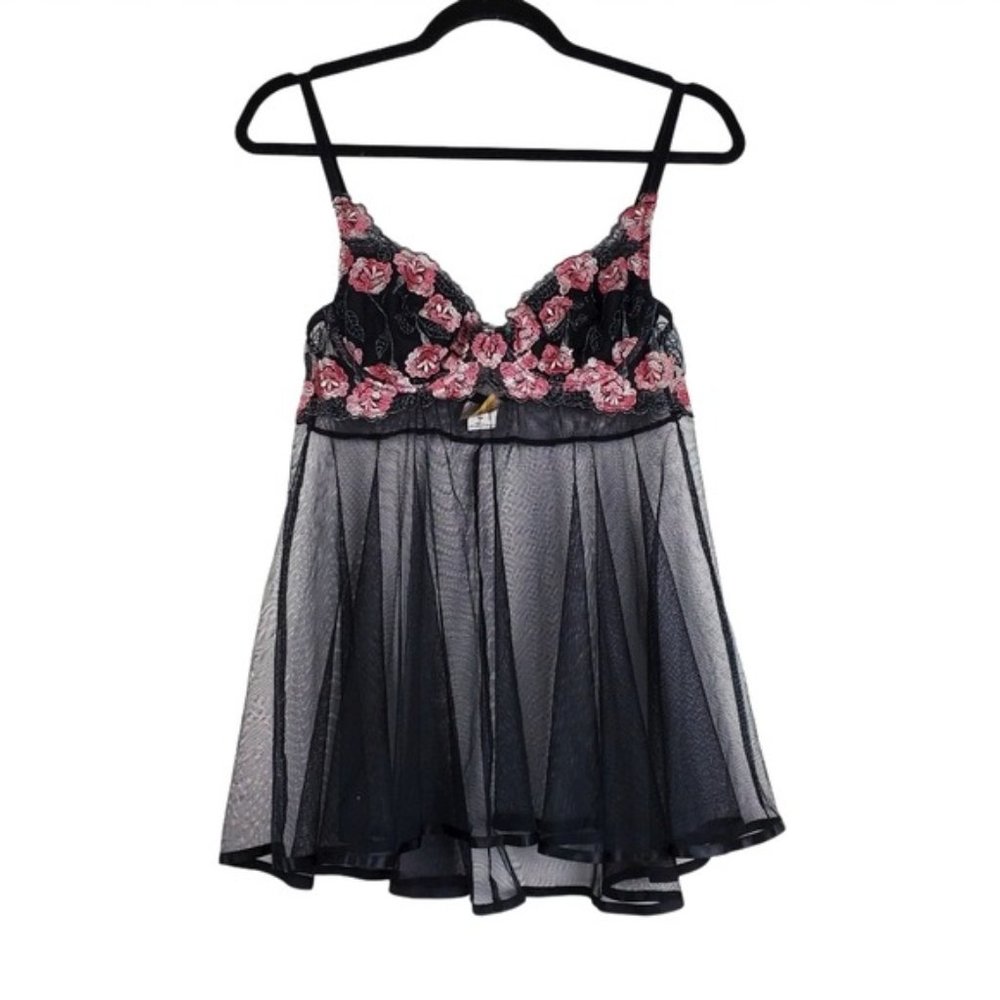 Priscilla Collection Womens Black Pink Floral Mesh Babydoll Slip Size L